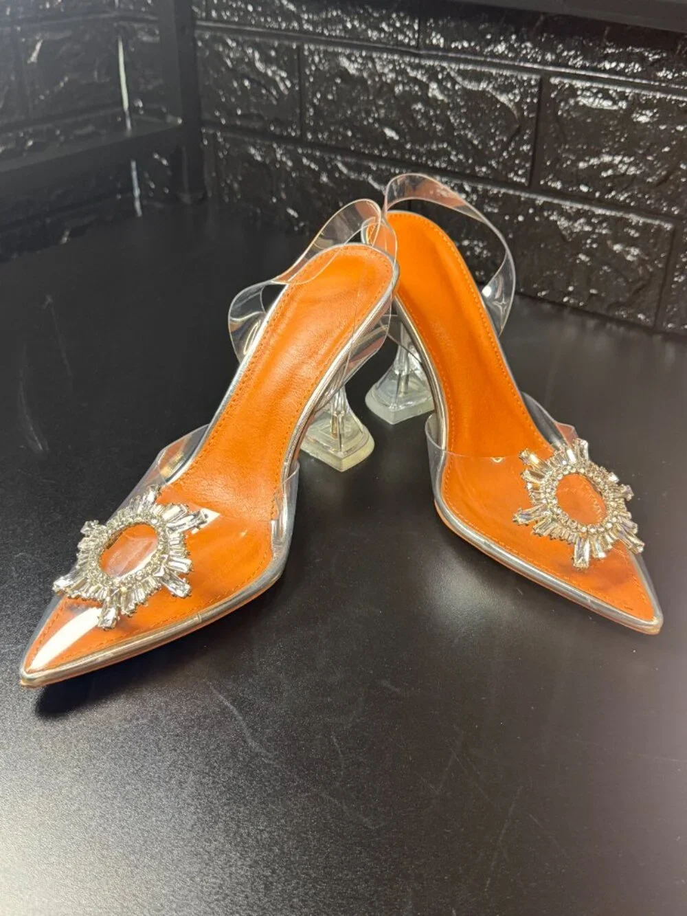 AMINUGAL Crystal Clear PVC Slingback Heels Rhinestone